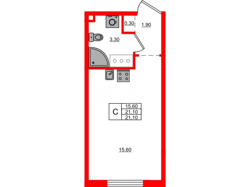 Квартира в ЖК Дыбенко Парк, студия, 21.1 м², 9 этаж