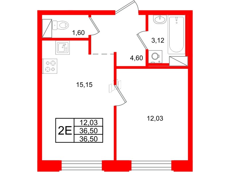Квартира в ЖК ID Петроградская, 1 комнатная, 36.5 м², 6 этаж