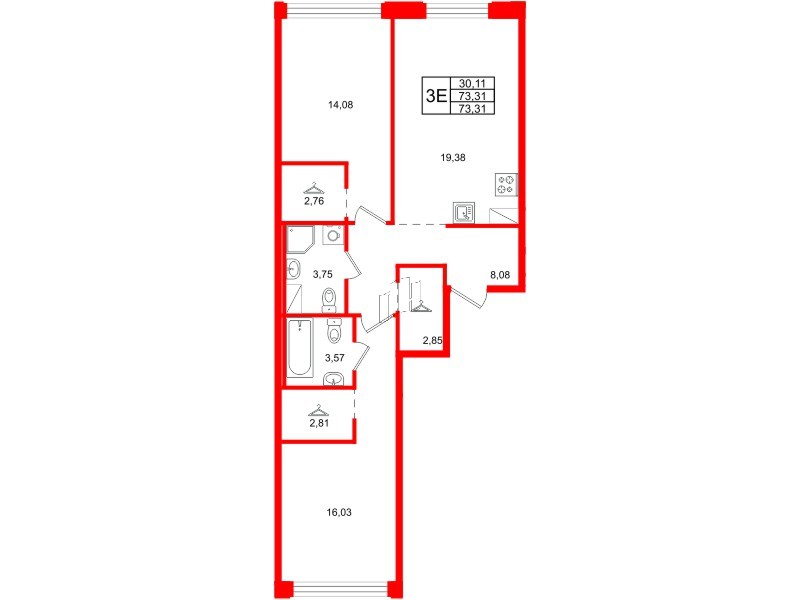 Квартира в ЖК Айди Петроградская, 2 комнатная, 73.31 м², 6 этаж