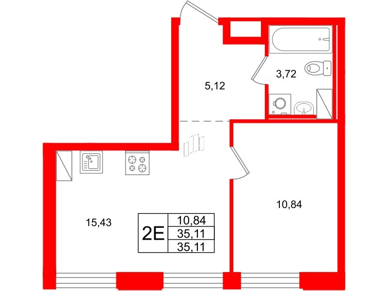 Квартира в ЖК ID Петроградская, 1 комнатная, 35.11 м², 6 этаж