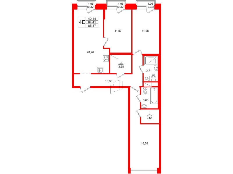 Квартира в ЖК ID Петроградская, 3 комнатная, 85.37 м², 5 этаж