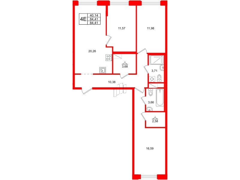Квартира в ЖК ID Петроградская, 3 комнатная, 84.41 м², 6 этаж