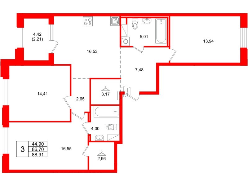 Квартира в ЖК Айди Петроградская, 3 комнатная, 88.91 м², 5 этаж