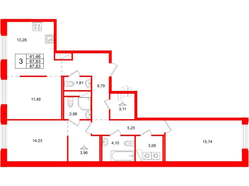 Квартира в ЖК Айди Петроградская, 3 комнатная, 87.83 м², 5 этаж