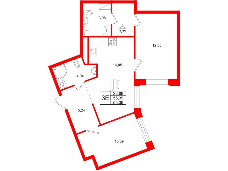 Квартира в ЖК Айди Петроградская, 2 комнатная, 55.39 м², 6 этаж
