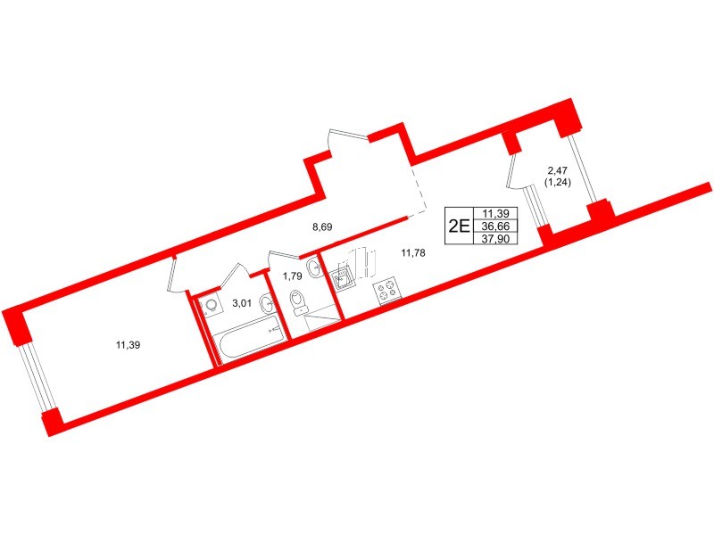 Квартира в ЖК ID Петроградская, 1 комнатная, 37.9 м², 5 этаж