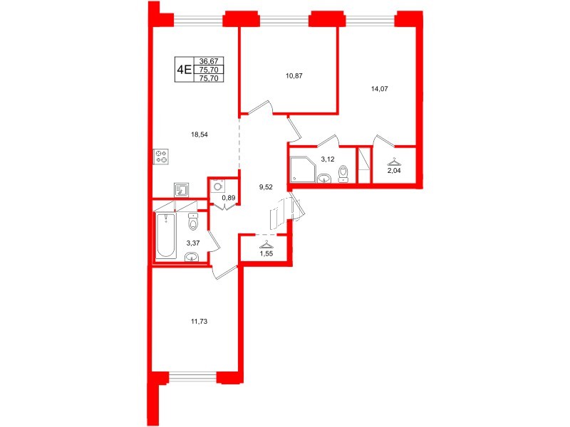 Квартира в ЖК Айди Петроградская, 3 комнатная, 75.7 м², 4 этаж