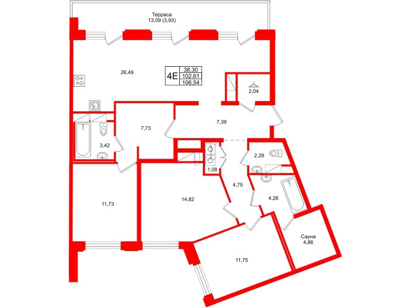 Квартира в ЖК Айди Петроградская, 3 комнатная, 106.54 м², 6 этаж