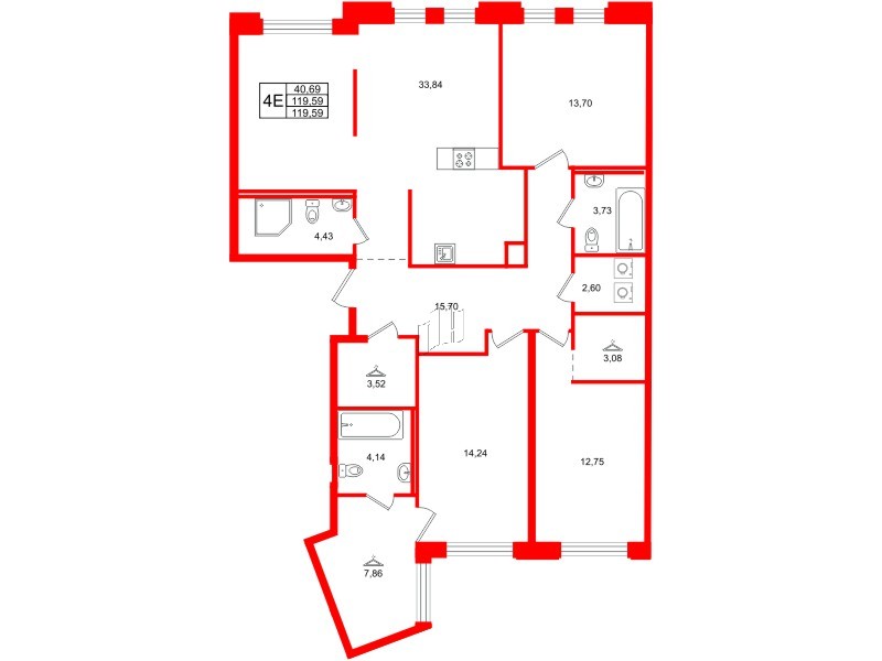 Квартира в ЖК Айди Петроградская, 3 комнатная, 119.59 м², 2 этаж