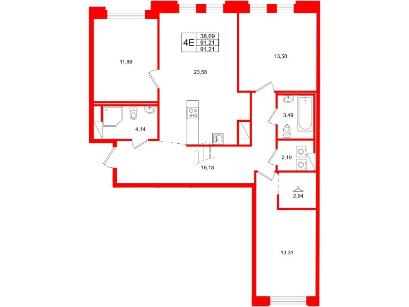 Квартира в ЖК Айди Петроградская, 3 комнатная, 91.21 м², 5 этаж