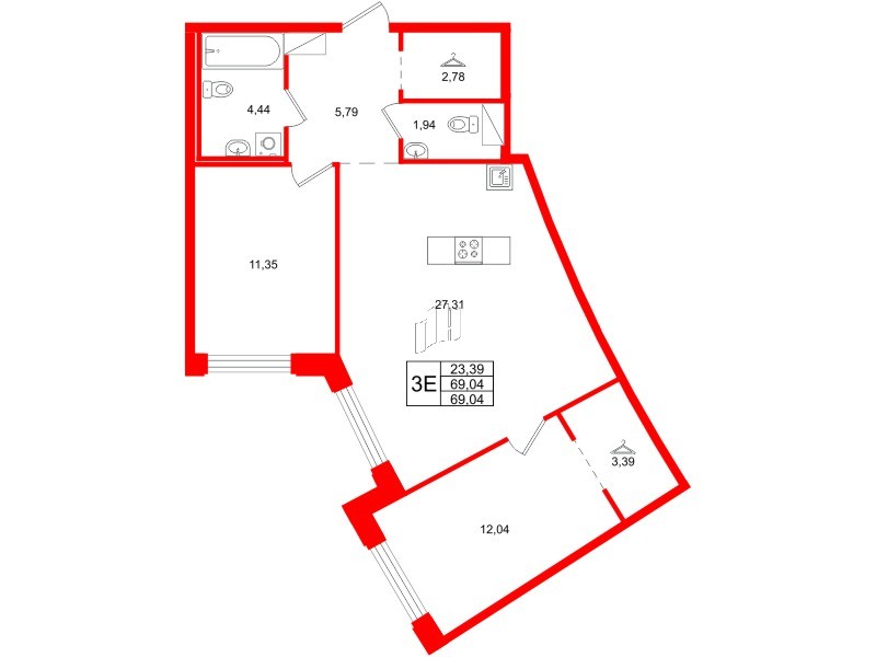 Квартира в ЖК Айди Петроградская, 2 комнатная, 69.04 м², 5 этаж