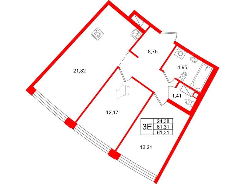 Квартира в ЖК Айди Петроградская, 2 комнатная, 61.31 м², 6 этаж