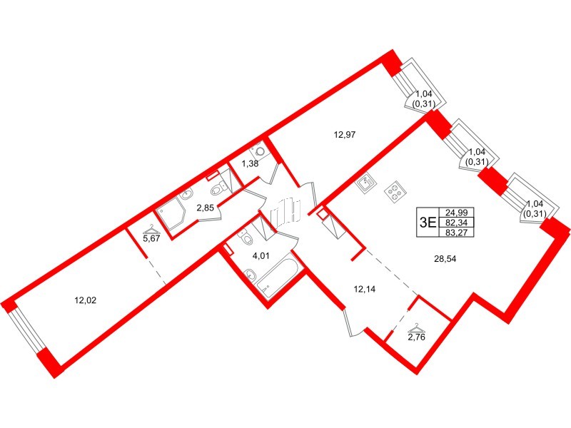 Квартира в ЖК Айди Петроградская, 2 комнатная, 83.27 м², 3 этаж