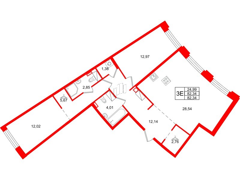 Квартира в ЖК Айди Петроградская, 2 комнатная, 82.34 м², 5 этаж