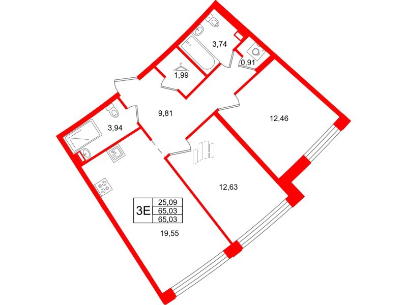 Квартира в ЖК Айди Петроградская, 2 комнатная, 65.03 м², 2 этаж