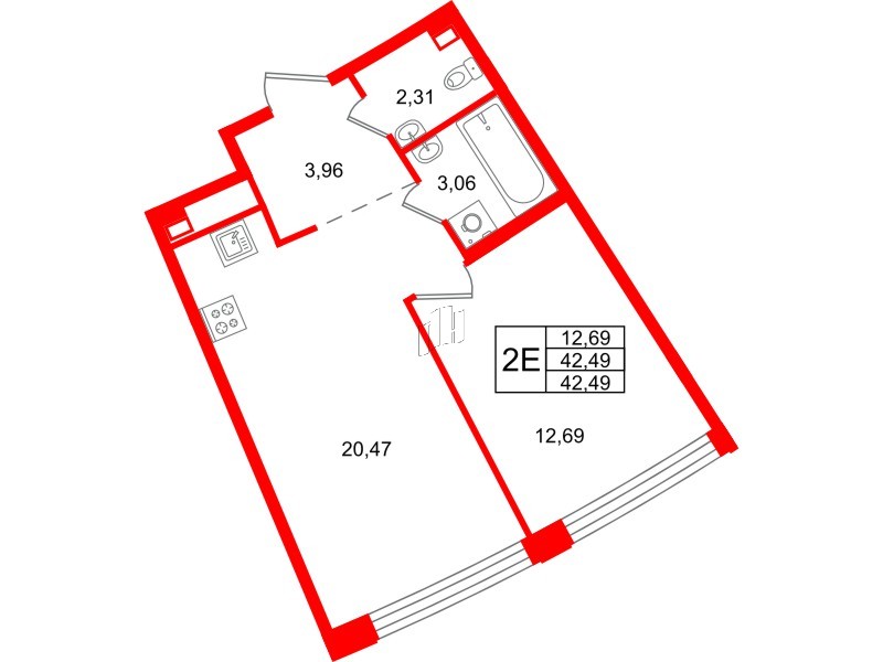 Квартира в ЖК ID Петроградская, 1 комнатная, 42.05 м², 2 этаж