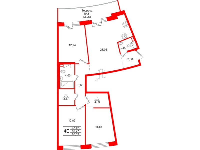 Квартира в ЖК ID Петроградская, 3 комнатная, 85.33 м², 6 этаж