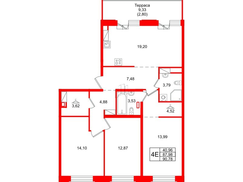 Квартира в ЖК ID Петроградская, 3 комнатная, 90.78 м², 6 этаж