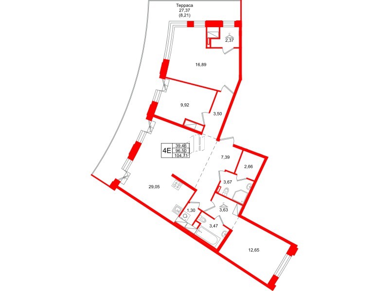 Квартира в ЖК ID Петроградская, 3 комнатная, 104.71 м², 6 этаж