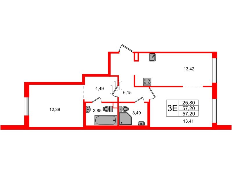 Квартира в ЖК Айди Петроградская, 2 комнатная, 57.2 м², 2 этаж