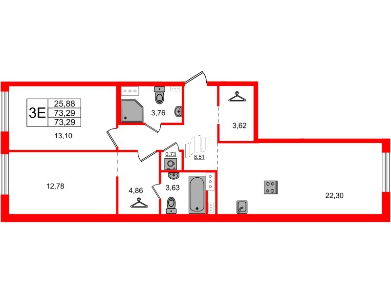Квартира в ЖК Айди Петроградская, 2 комнатная, 73.29 м², 6 этаж