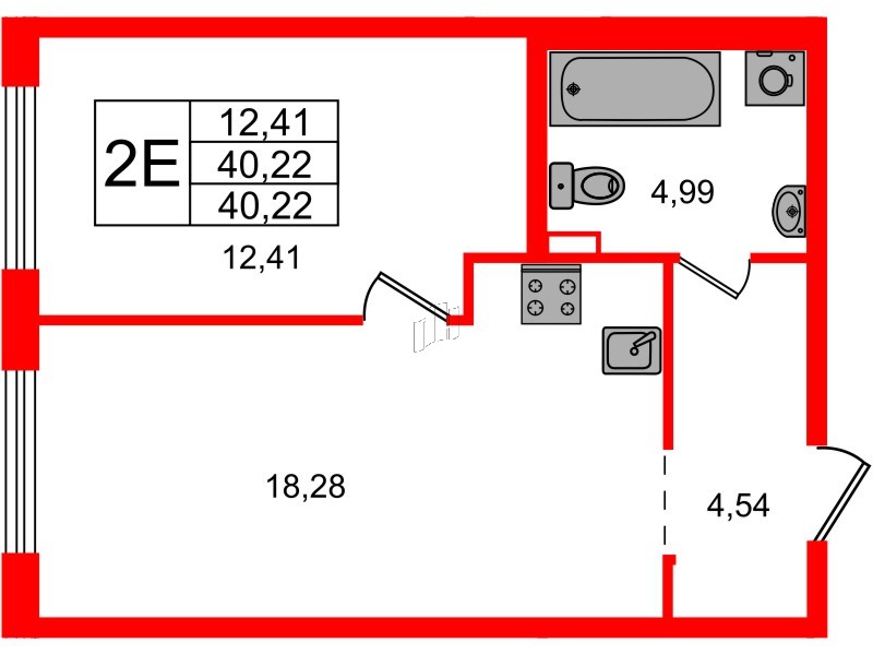 Квартира в ЖК ID Петроградская, 1 комнатная, 40.22 м², 1 этаж