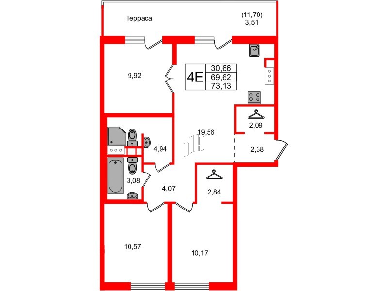 Квартира в ЖК ID Петроградская, 3 комнатная, 73.13 м², 6 этаж