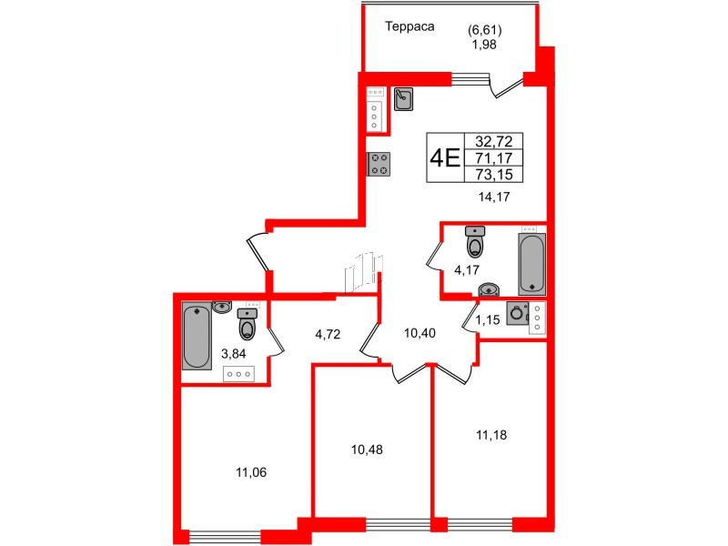 Квартира в ЖК Айди Петроградская, 3 комнатная, 73.15 м², 6 этаж