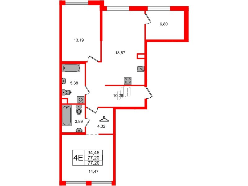 Квартира в ЖК Айди Петроградская, 3 комнатная, 77.2 м², 2 этаж
