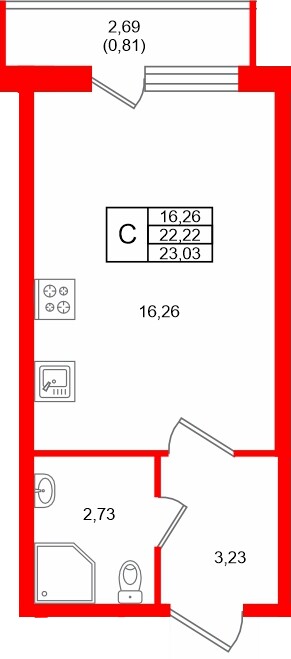Планировка — Студия квартира, 23,0 м² в ЖК «Догма Юкки»