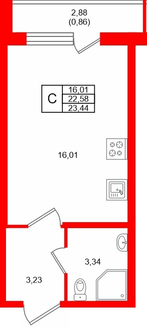 Планировка — Студия квартира, 23,4 м² в ЖК «Догма Юкки»