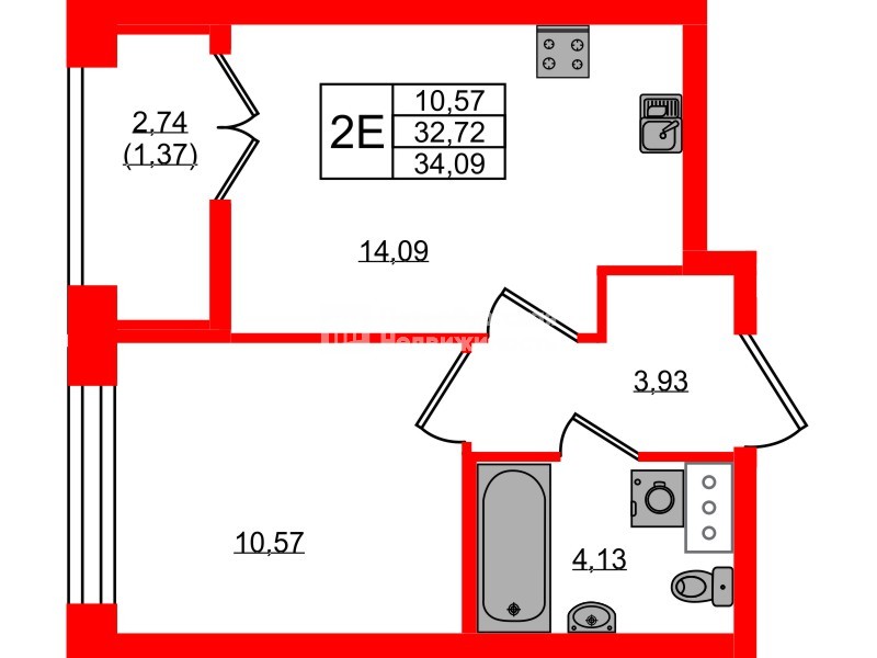 Квартира в ЖК NEWПИТЕР, 1 комнатная, 34.09 м², 7 этаж
