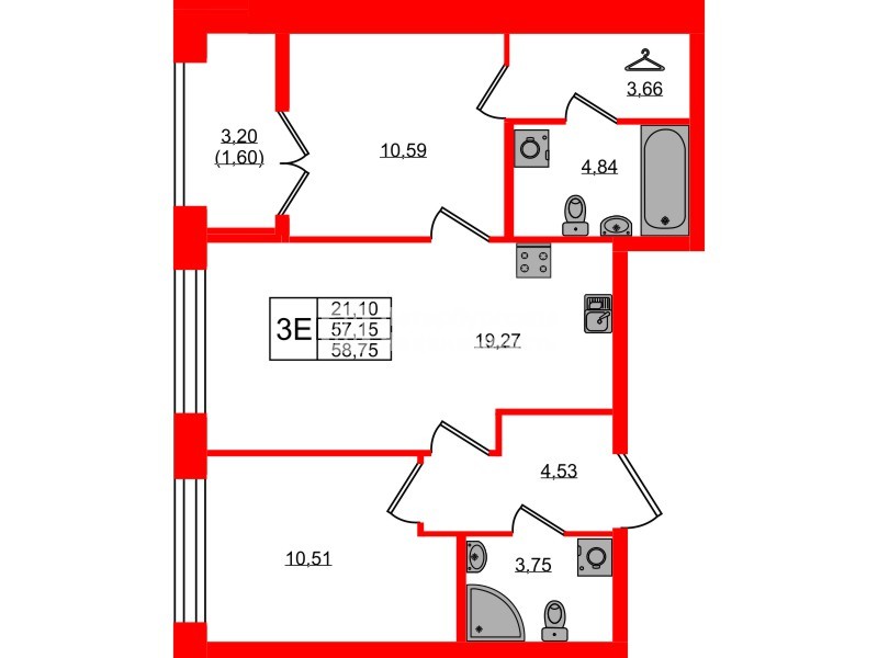 Квартира в ЖК «Новый Питер», 2 комнатная, 58.75 м², 2 этаж