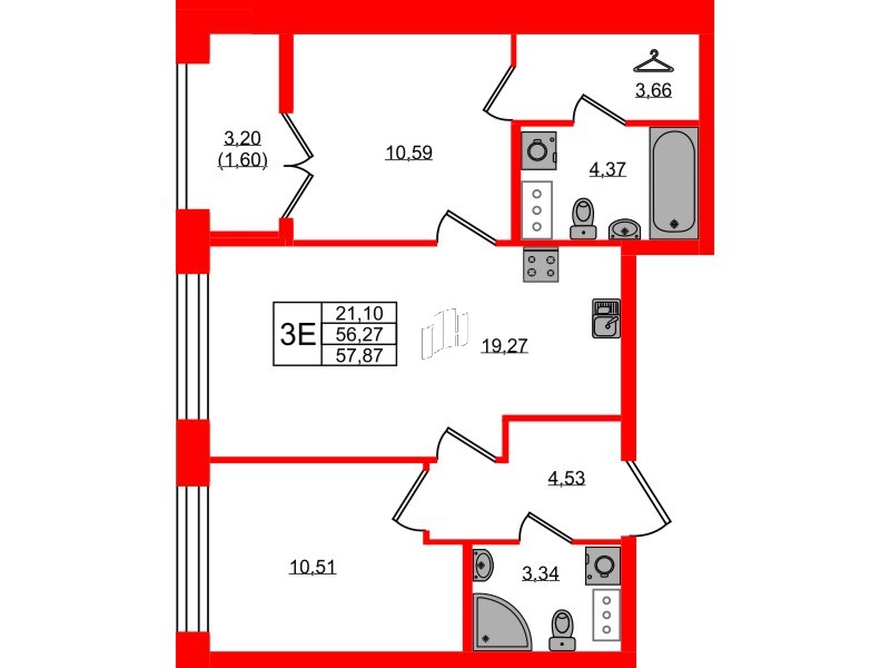 Квартира в ЖК NEWПИТЕР, 2 комнатная, 57.87 м², 3 этаж