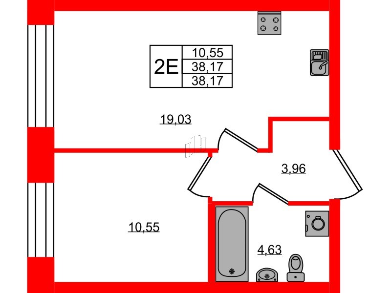 Квартира в ЖК NEWПИТЕР, 1 комнатная, 38.17 м², 2 этаж