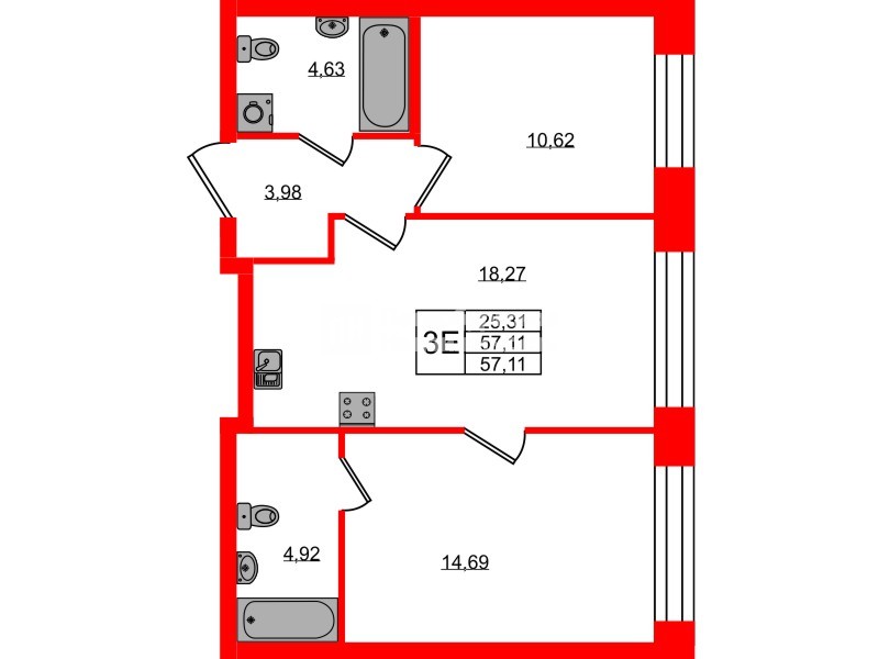 Квартира в ЖК «Новый Питер», 2 комнатная, 57.11 м², 2 этаж