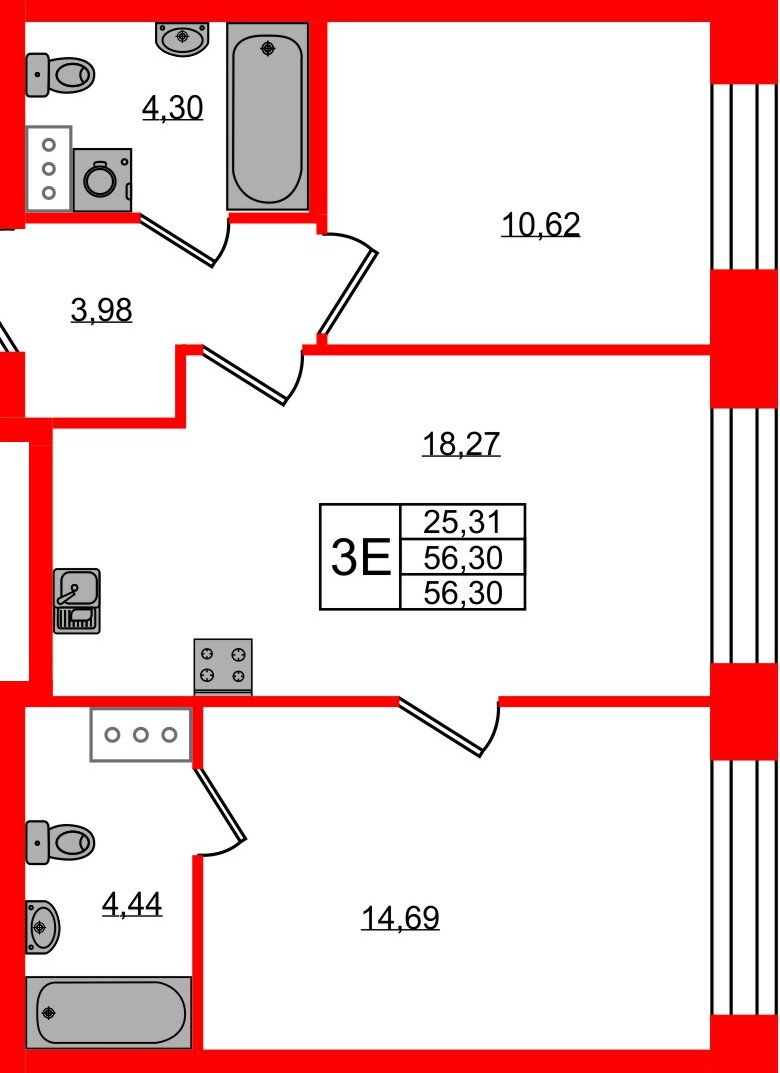 Квартира в ЖК NEWПИТЕР, 2 комнатная, 56.3 м², 3 этаж