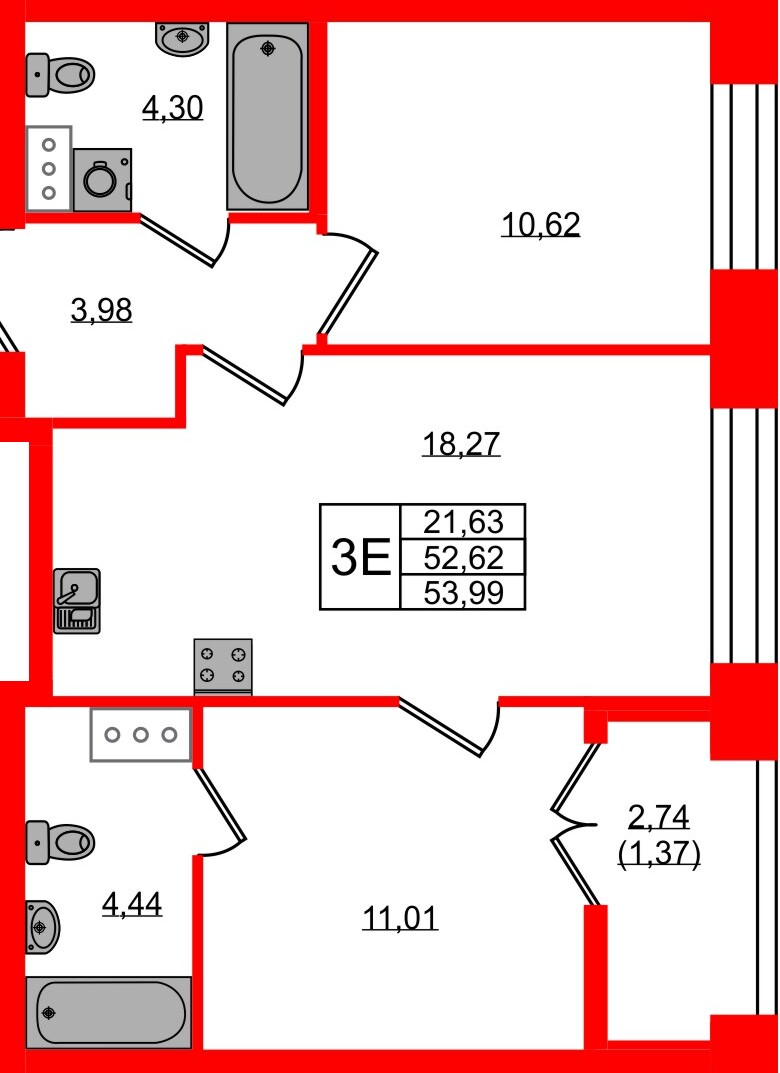 Квартира в ЖК NEWПИТЕР, 2 комнатная, 53.99 м², 5 этаж