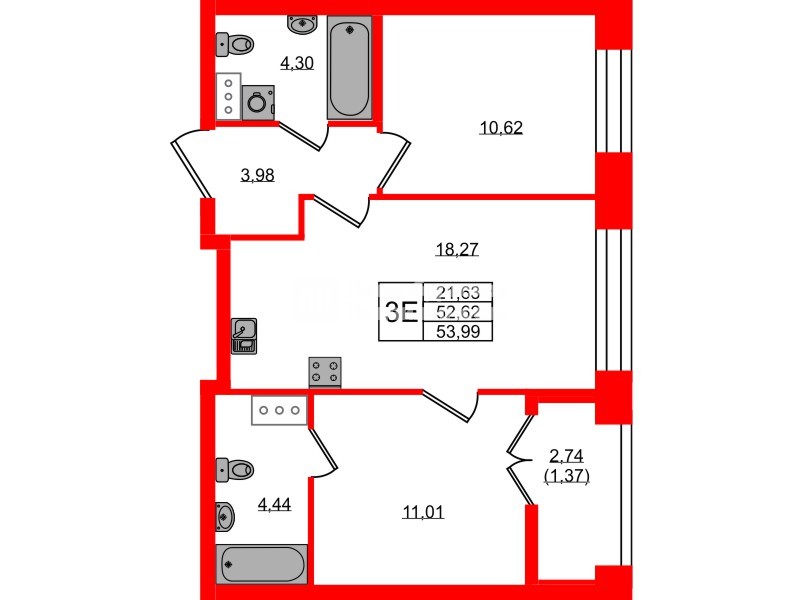 Квартира в ЖК NEWПИТЕР, 2 комнатная, 53.99 м², 7 этаж