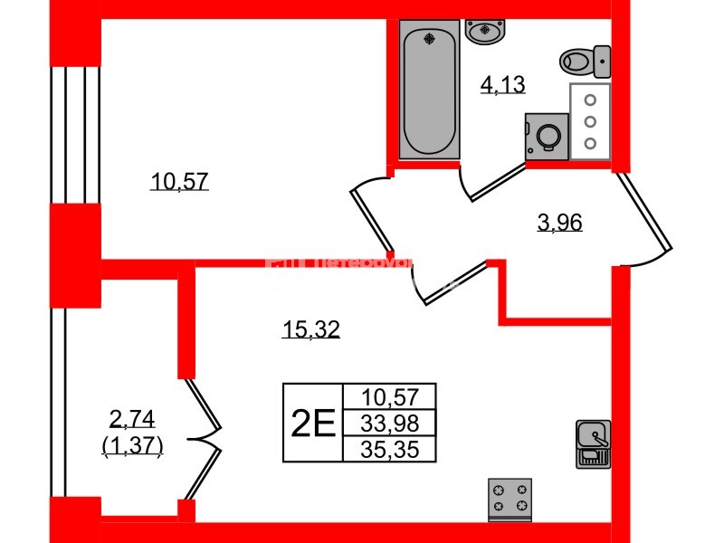 Квартира в ЖК NEWПИТЕР, 1 комнатная, 35.35 м², 7 этаж