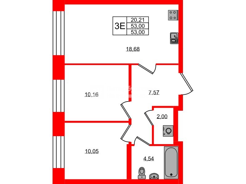 Квартира в ЖК «Новый Питер», 2 комнатная, 53 м², 2 этаж