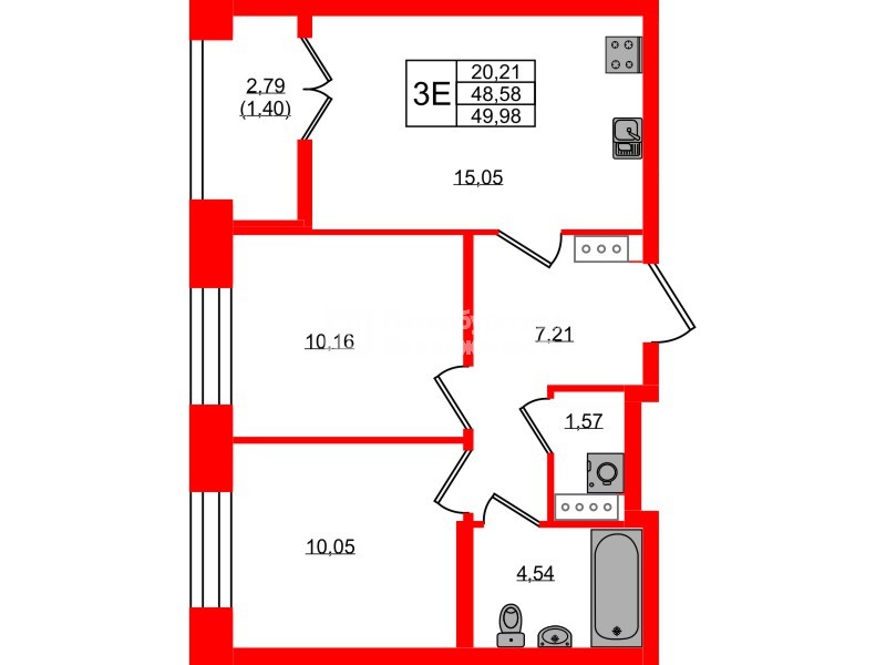 Квартира в ЖК «Новый Питер», 2 комнатная, 49.98 м², 4 этаж