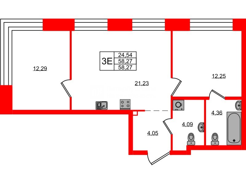 Квартира в ЖК «Новый Питер», 2 комнатная, 58.27 м², 2 этаж