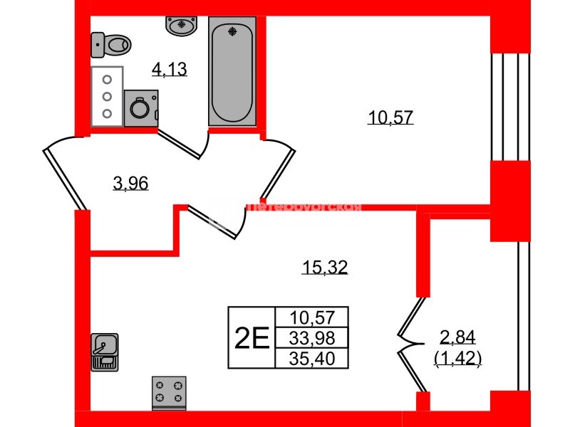 Квартира в ЖК NEWПИТЕР, 1 комнатная, 35.4 м², 9 этаж