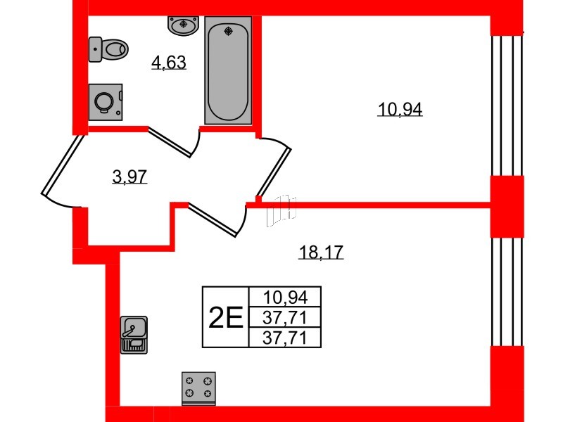 Квартира в ЖК NEWПИТЕР, 1 комнатная, 37.71 м², 2 этаж