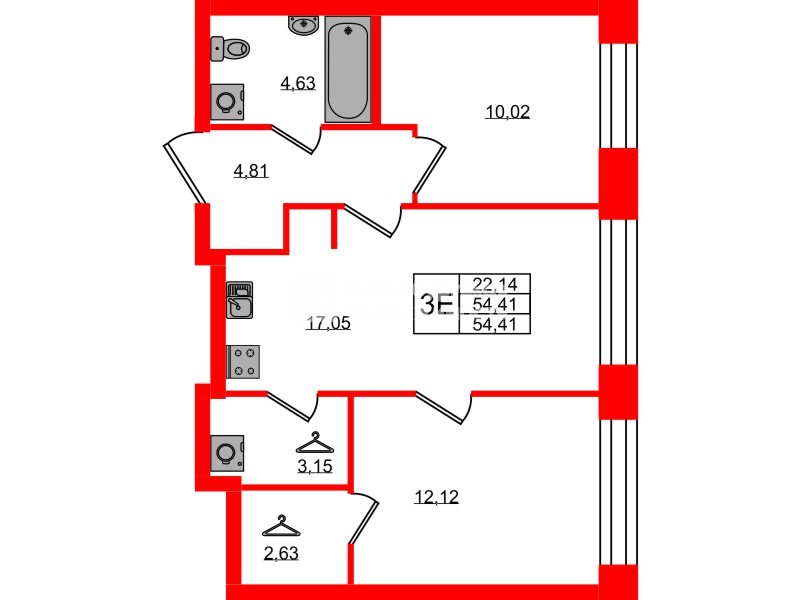 Квартира в ЖК «Новый Питер», 2 комнатная, 54.41 м², 2 этаж