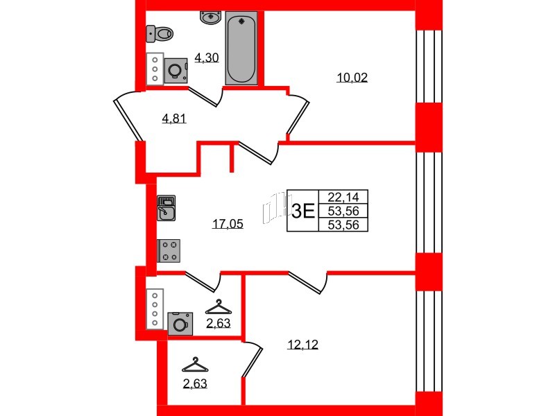 Квартира в ЖК NEWПИТЕР, 2 комнатная, 53.56 м², 3 этаж
