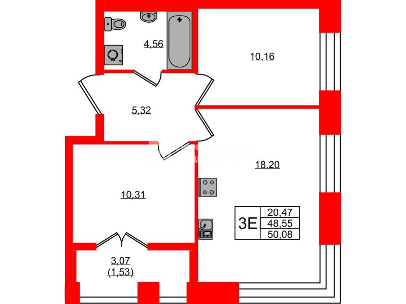 Квартира в ЖК «Новый Питер», 2 комнатная, 50.08 м², 2 этаж