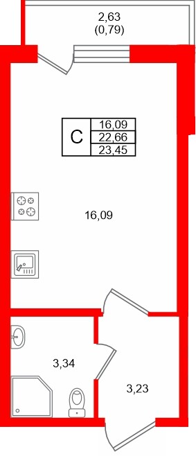 Планировка — Студия квартира, 23,4 м² в ЖК «Догма Юкки»