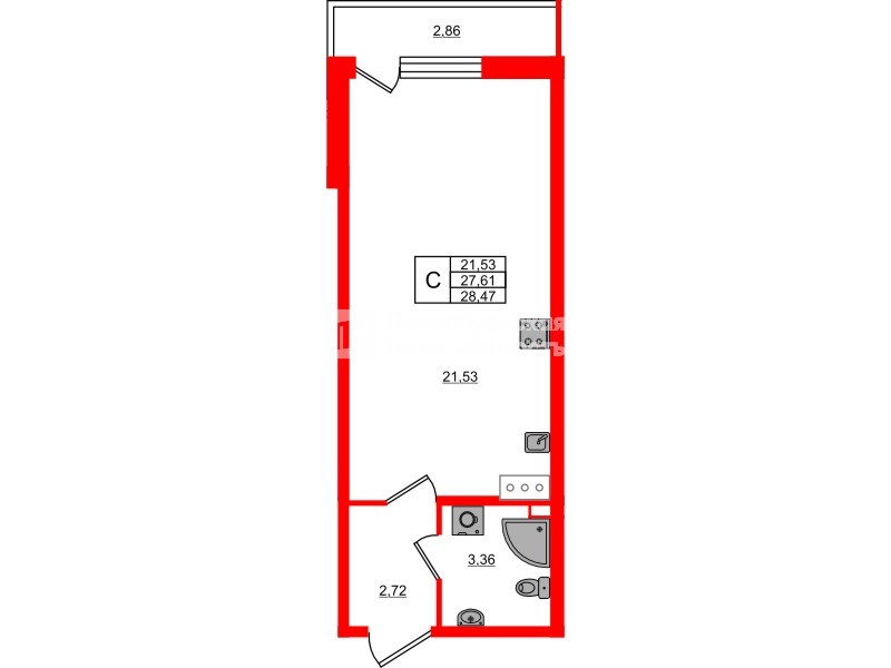 Планировка — Студия квартира, 28,5 м² в ЖК «Догма Юкки»